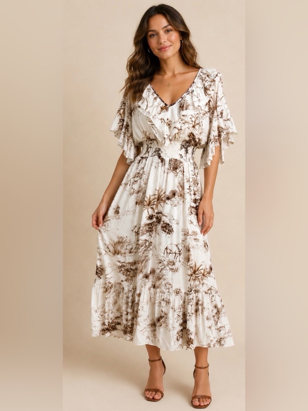 Sandro Cream and Brown Floral Ruffled Maxi Dress
